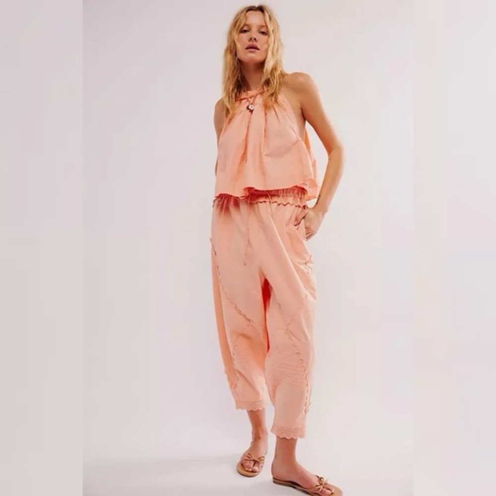 NWOT Free People Two-Piece Set | Peach Halter Top (M) & Cropped Pants (S)